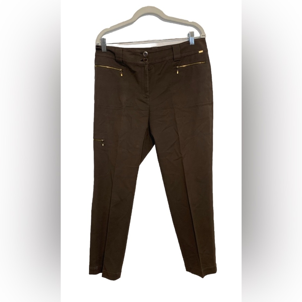 St. John Brown Straight Leg Dress Pants Womens Size 10 Gold Hardware Seamed